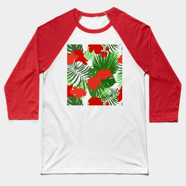 Hand drawn hibiscus, tropical leaves red and green colored seamless summer time Baseball T-Shirt by GULSENGUNEL